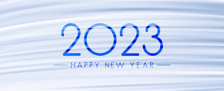 Banner with 2023 happy new year sign on fogged glass blue brushstrokes background.