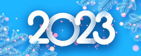 2023 sign with fir on blue background with yellow bokeh. Vector holiday illustration.