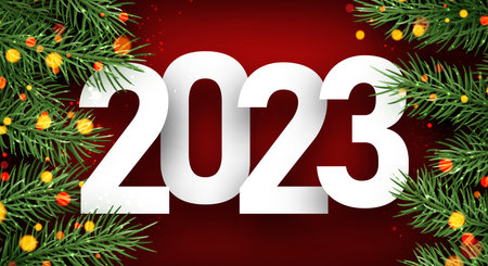 2023 sign on red background with green fir and bokeh. Vector holiday illustration.