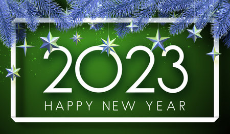 2023 sign in frame with blue fir and hanging blue stars on green background. Vector holiday...