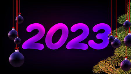 Purple 2023 sign with fir, hanging baubles. Vector holiday illustration.のイラスト素材