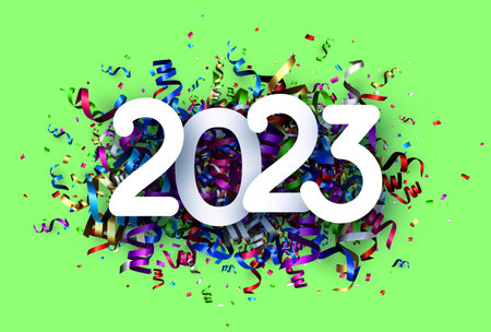 2023 sign over colorful serpentine confetti on green background. Vector holiday illustration.