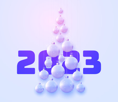 2023 sign with blue hanging baubles in triangle christmas tree shape. Vector holiday illustration.のイラスト素材
