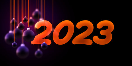 Banner with orange 2023 sign with violet hanging baubles. Vector holiday illustration.