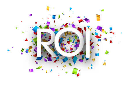 ROI sign over colorful foil cut ribbon confetti background. Web banner, icon, message. Vector illustration.のイラスト素材