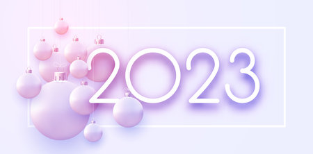 2023 sign with light pink hanging baubles. Vector holiday illustration.のイラスト素材