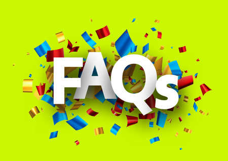 FAQs sign over colorful cut out foil ribbon confetti on green background. Design element. Vector illustration.のイラスト素材