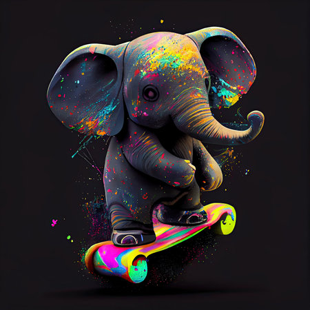 Isolated colorful elephant on skateboard on black background. AI generative.の素材