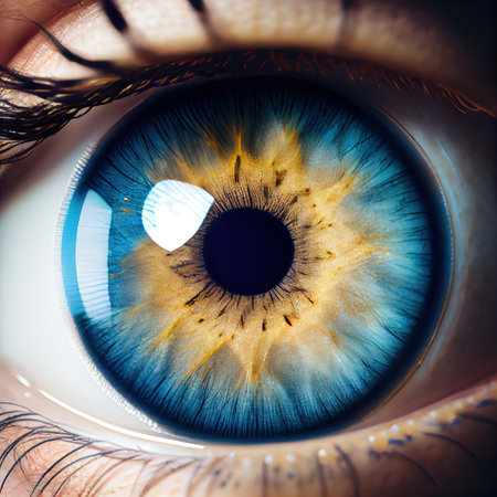 Realistic human eye with heterochromia. Blue and brown gradient. Genetic trait. Generative AI.の素材