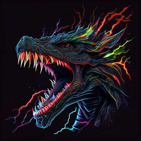 Dragon head with open mouth creature in lightning storm. AI generative.の素材