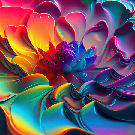 Fantastic close-up flower blossom. Rainbow gradient oil paints. Generative AI.の素材