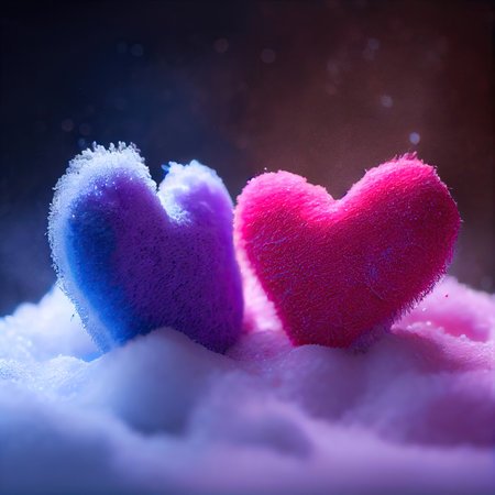 Two hearts shapes lying in snow. Symbol of love, romance. Generative AI.の素材