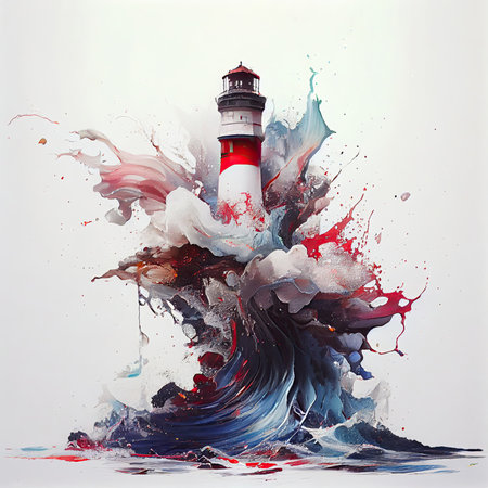Lighthouse with multicolored paints splash on light background. AI generative.の素材