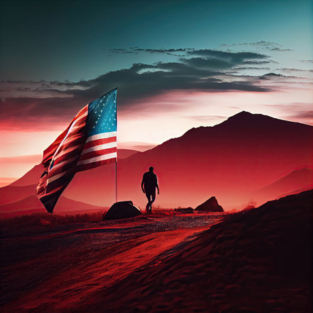 Man on red sunset desert landscape and big American flag. AI generative.の素材