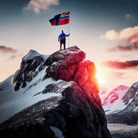 Man with flag of Norway on top of the mountain against the sky. Concept success and achievement. AI generative.の素材