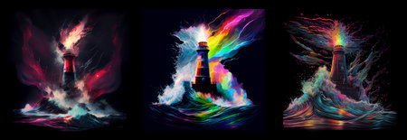 Lighthouse with multicolored paints splash on dark background. AI generative.の素材