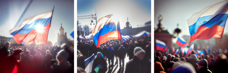 Crowd with Russian flags during the campaign meeting. Blurred picture. AI generative.の素材