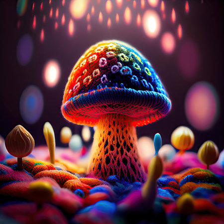 Abstract rainbow colored toy mushroom. Realistic blurred illustration. AI generative.の素材