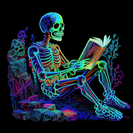 Multicolored psychedelic skeleton reading a book on black background. AI generative.の素材