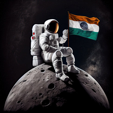 Indian astronaut sitting on surface of moon near of flag of India. AI generative.の素材