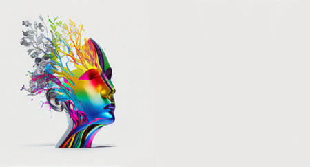 Abstract face mask with trees with copy space. Rainbow gradient paints. Generative AI.の素材