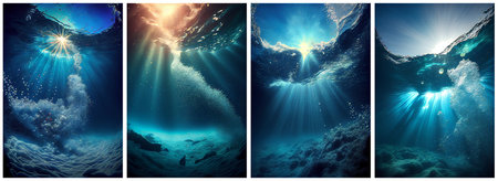 Transparent blue backgrounds with sun. Underwater landscape. AI generative.の素材