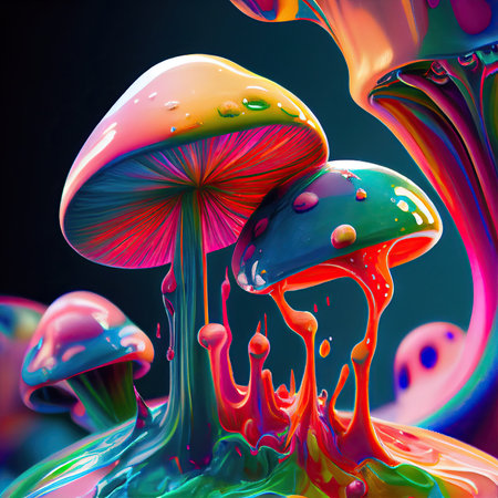 Fantastic colorful mushrooms drawn with rainbow gradient paints. Dripping oil liquid paint. Generative AI.の素材