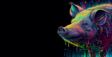 Cute multicolored pig portrait, side view. Rainbow gradient paints. Generative AI.の素材