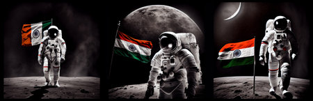 Indian astronaut on surface of dark planet near of flag of India. AI generative.の素材