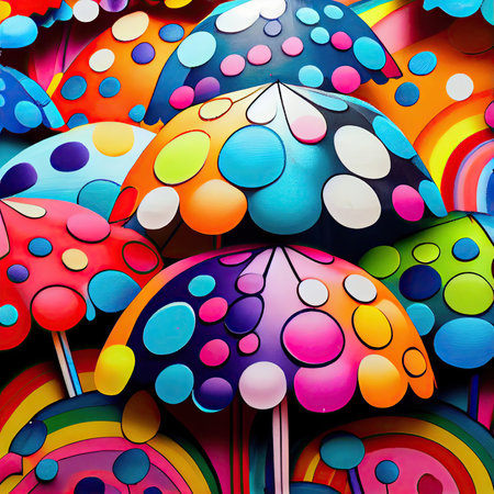 Colorful umbrellas with drops pattern. Generative AI.の素材
