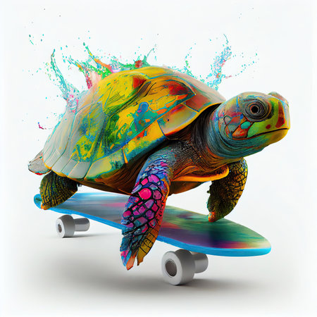 Isolated sea turtle on skate board on white background. AI generative.の素材