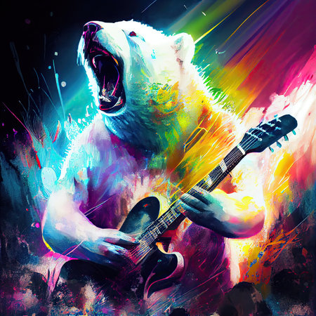 White polar bear playing guitar. Rock or metal concert in night club. T shirt print. Generative AI.の素材