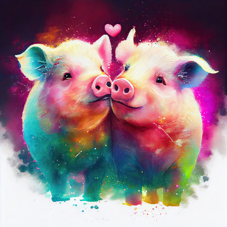 Adorable pigs couple in love with hearts. Vivid colors. AI generative.の素材