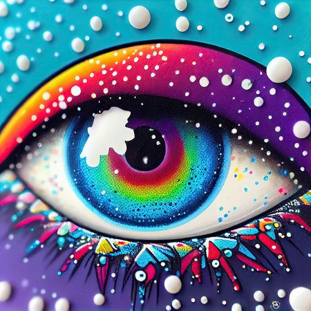 Close-up macro unreal eye. Colorful make-up with snow confetti. Generative AI.の素材