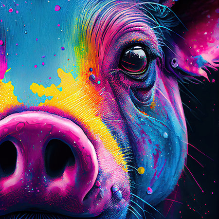 Fantasy animal with cow's eyes and pig's nose. Rainbow gradient paints. Generative AI.の素材