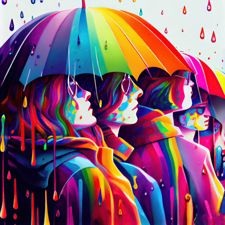 People on street hiding from pouring rain with umbrellas. Generative AI.の素材