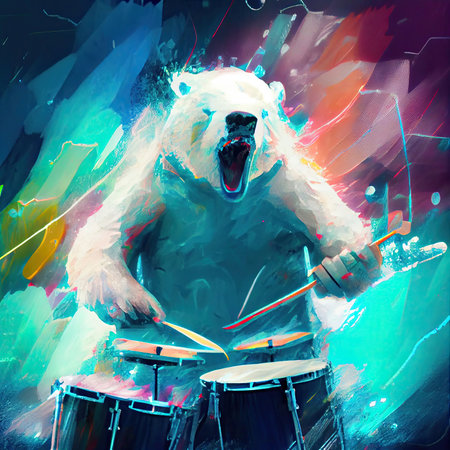 White polar bear playing drums during storm in sea. Generative AI.の素材
