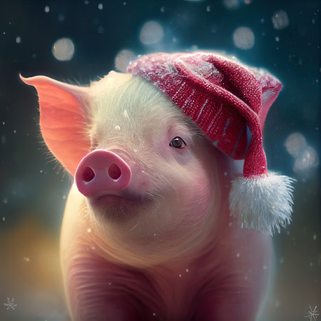 Portrait of adorable pig wearing Santa hat. Snowing bokeh background. Generative AI.の素材