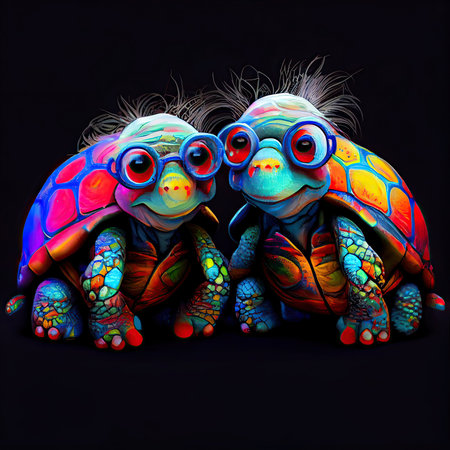 Elderly couple of turtles with hearts. Valentine's Day. AI generative.の素材