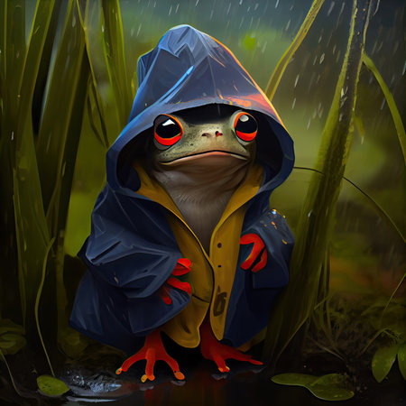 Red-eyed tree frog wearing blue raincoat in jungle. AI generative.の素材
