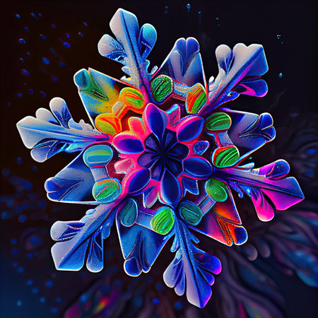 Beautiful high-deyaoled close up illustration of multicolored snowflake. AI generative.の素材