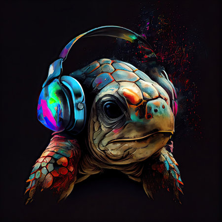 Elderly turtle wearing headphones. Colorful splash. AI generative.の素材
