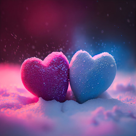 Two hearts shapes lying in snow. Symbol of love, romance. Generative AI.の素材