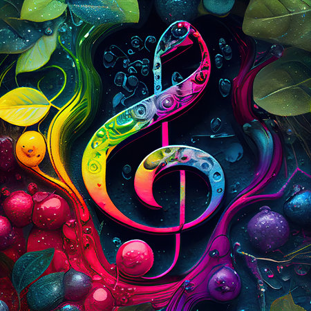 Close-up surreal colorful treble clef with plants. Rainbow gradient colors. AI Generative.の素材