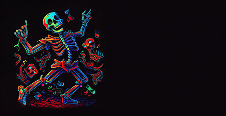 Colorful dancing skeleton raising his hands on black background. AI generative.の素材