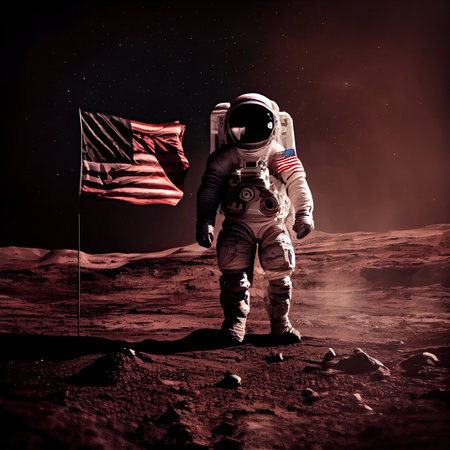 American astronaut on surface of red planet near of USA flag. AI generative.の素材