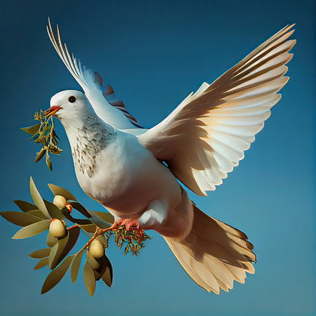 White pigeon with olive branch. Peace symbol. AI generative.の素材