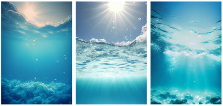 Transparent blue backgrounds with sunlight. Underwater landscape. AI generative.の素材
