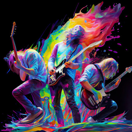 Music band playing concert in night club on black background. Rainbow colors splash. Generative AI.の素材