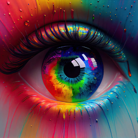 Human eye drawn like with oil liquid paints. Rainbow gradient colors. Generative AI.の素材